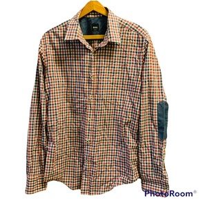 HUGO BOSS Red & Blue Checked Slim Fit Elbow Patch Button Down